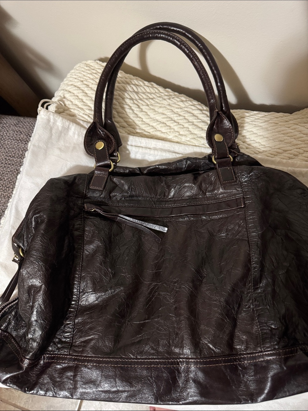 Adolfo Dominguez Dark Brown Leather Tote with Brass Accents - Picture 7 of 7